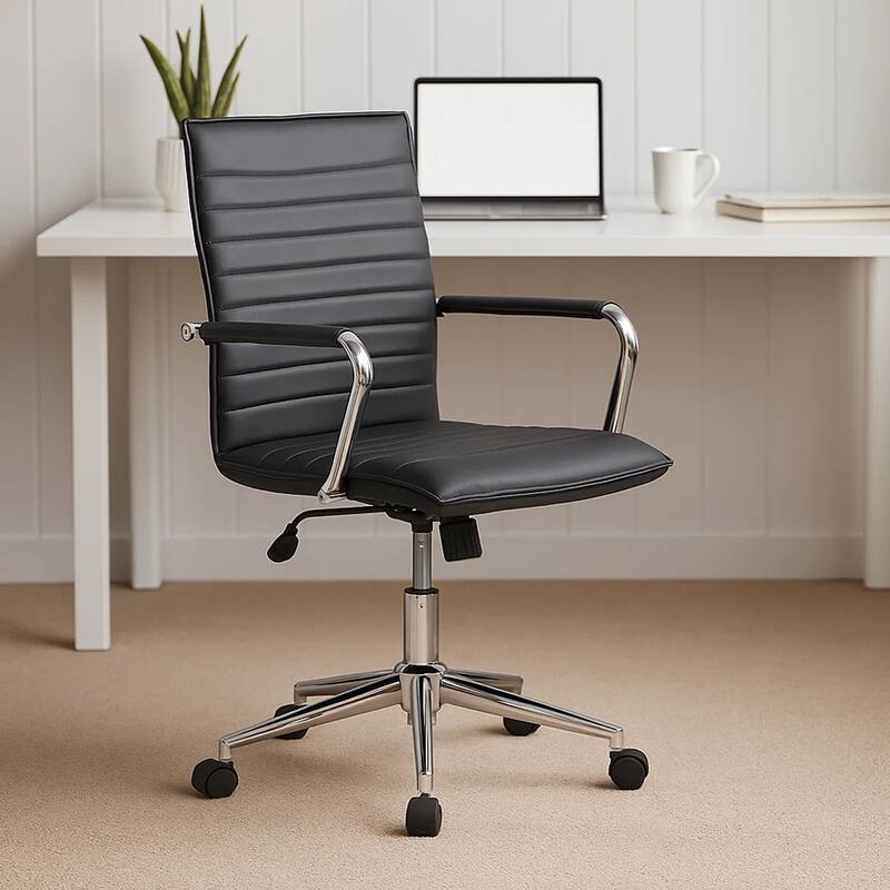 Kenny Commercial Grade Rolling Office Armchair, Chrome Arms, Black Vinyl
