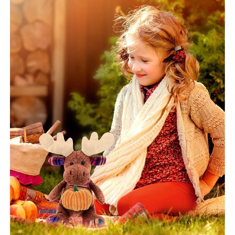 DolliBu Sitting Brown Moose Stuffed Animal with Pumpkin Decor - 11 inches