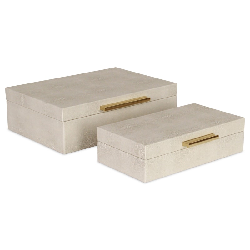 Set of 2 White Rectangular Faux Shagreen Decorative Box with Handles 11.75"