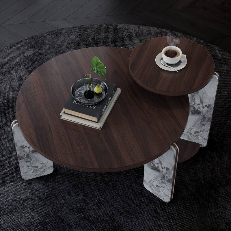 Modern Coffee Table with End Table Set, Durable Walnut Veneered MDF Center Table, Side Table for Living Room