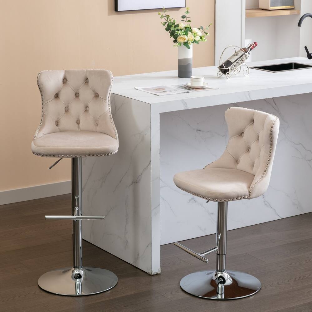 GDFStudio - Modern Upholstered Swivel Velvet Bar Stools with Adjustable Seat Height and Tufted Back (Set of 2)