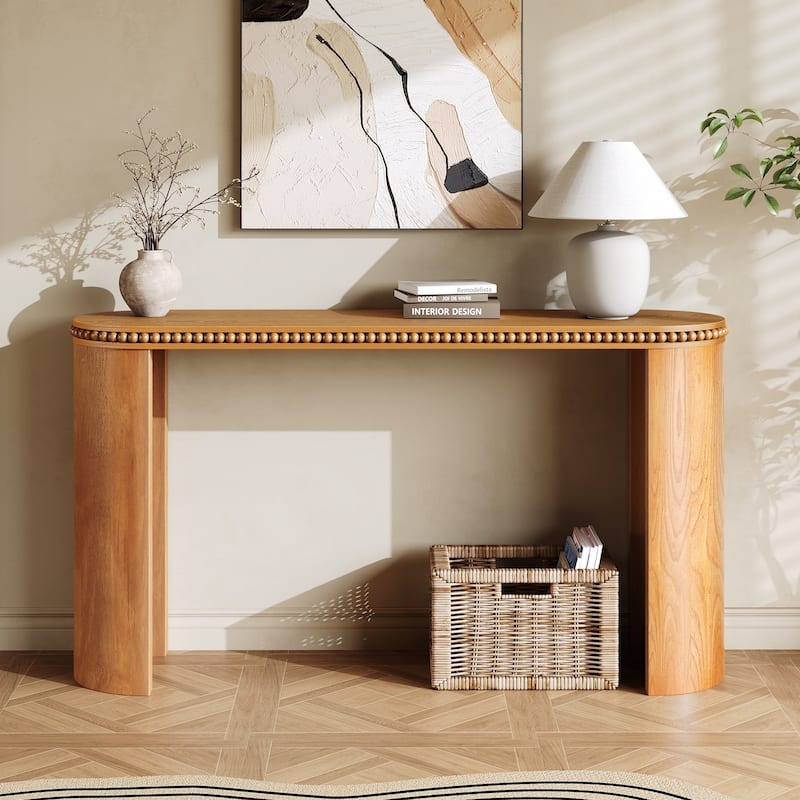 Vintage Console Table with Beaded Trim and Reversible Curved Legs, Entryway Accent Table for Hallway, Living Room - Natural