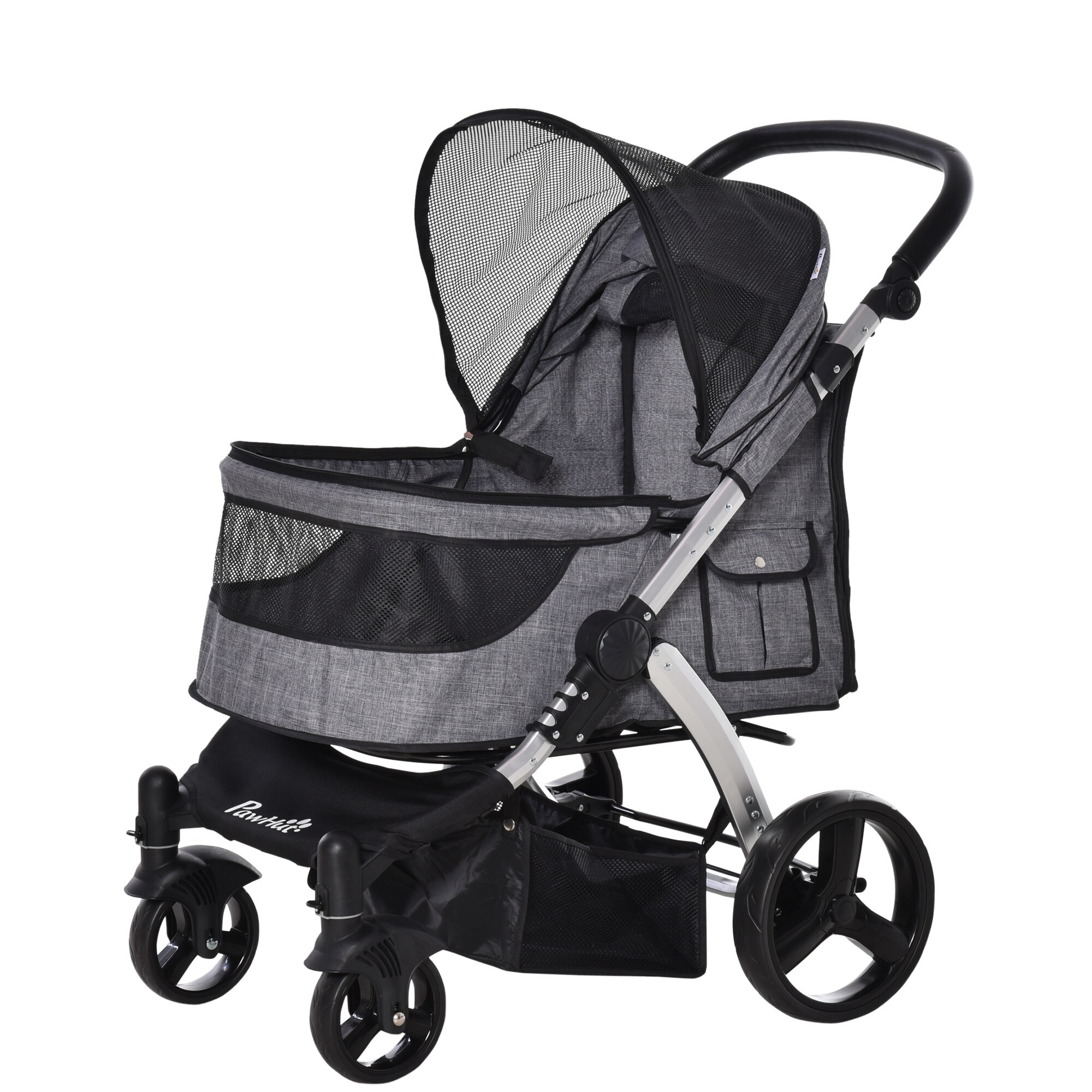 PawHut Travel Pet Stroller with Adjustable Handlebar PVC Wheel Brake Storage Bag Mesh Window and Safety Leash Grey Bed Bath Beyond 33832563