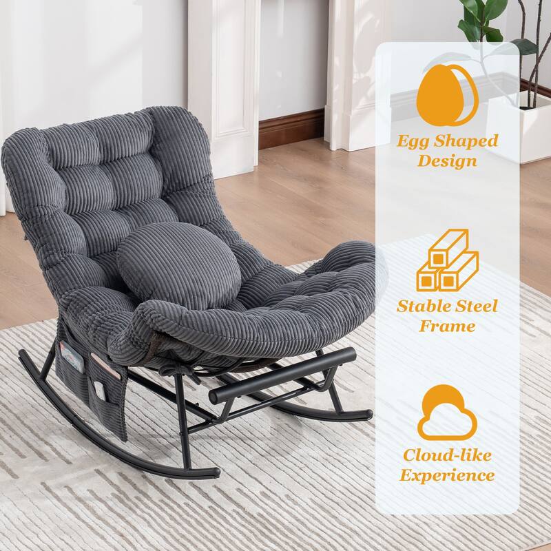 HOMEFUN Corduroy Upholstered Egg Shaped Design Steel Frame Rocking Chair with Side Pocket and Foot Pedal