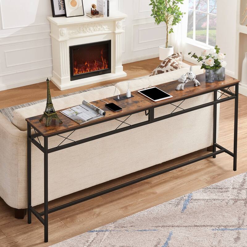 VECELO Industrial Rectangular Wood Console Table with AC Power and USB Charging Ports - 180CM - Rustic Brown