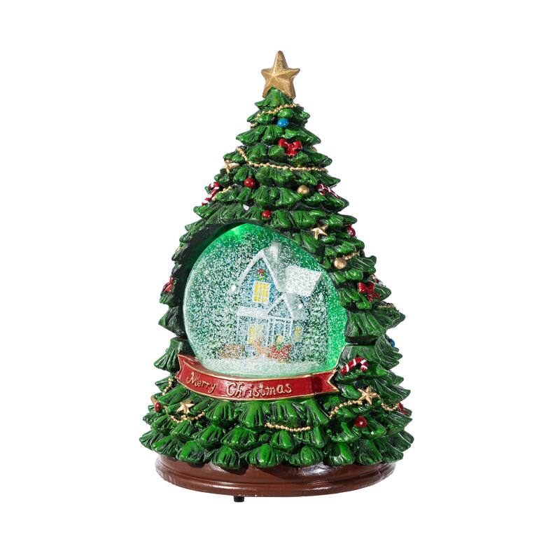 Glitzhome 100mm Christmas Resin Lighted Musical Snowflakes Christmas Tree Waterglobe