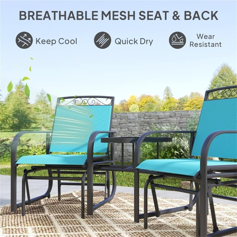 Two Seater Outdoor Glider with Table Steel Frame Tempered Glass and Mesh Fabric - 76.75" L x 33.75" W x 35.75" H
