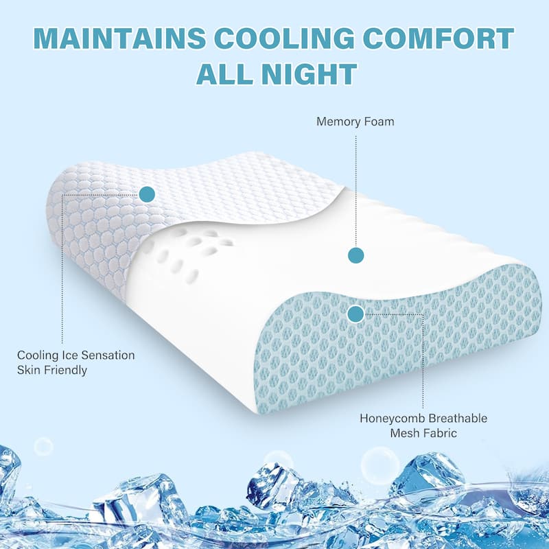 Cooling Memory Foam Wave Pillows, Ergonomic Cervical Contour Pillow - Ice Blue - Ice Blue