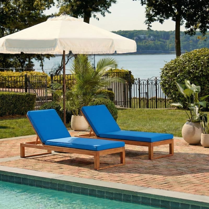 SAFAVIEH Outdoor Kaliyah Solid Wood Chaise Lounge Chair - 25Wx81Dx37H - Natural Wood/Royal Blue