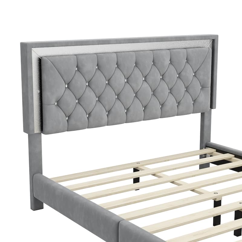 Gray Modern Queen Size Upholstered Bed Frame with LED Lights, Soft ...