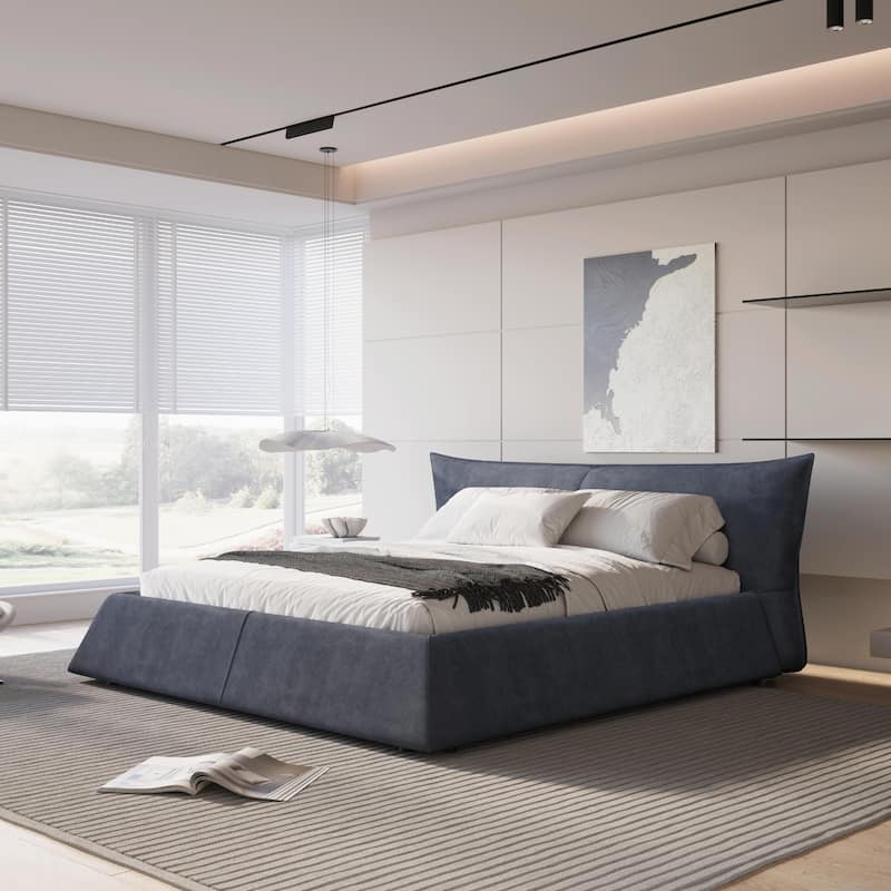 King Size Upholstered Platform Bed with Unique Shaped Velvet Headboard