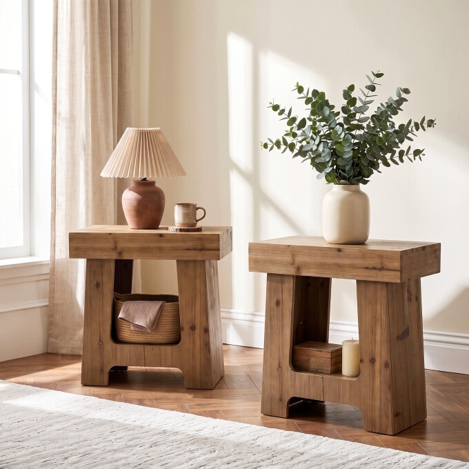 23.6" Solid Wood End Table, Narrow 2-Tier Nightstand with Shelf