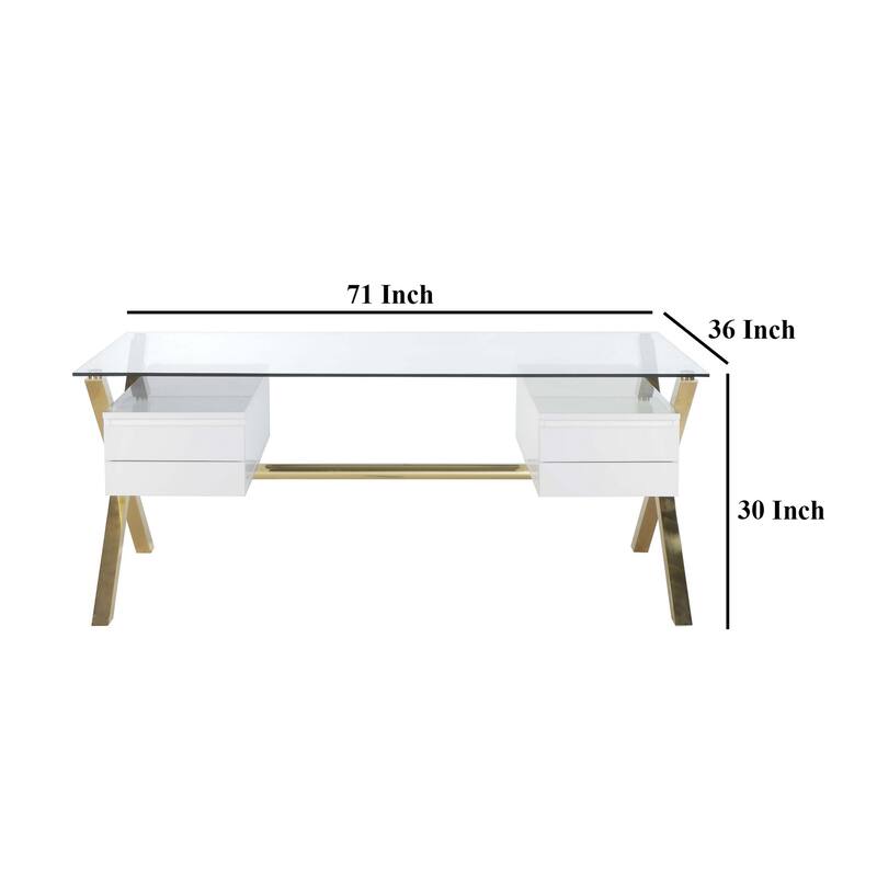 Tia Office Desk, 71 Inch Rectangular Glass, 4 Drawers, White, Gold