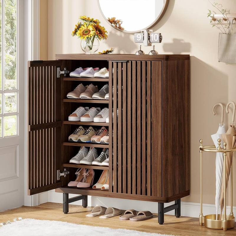 6-Tier Shoe Cabinet with Shutter Doors Adjustable Shelves Wooden Storage Cabinet for Entryway/Hallway/Closet/Living Room