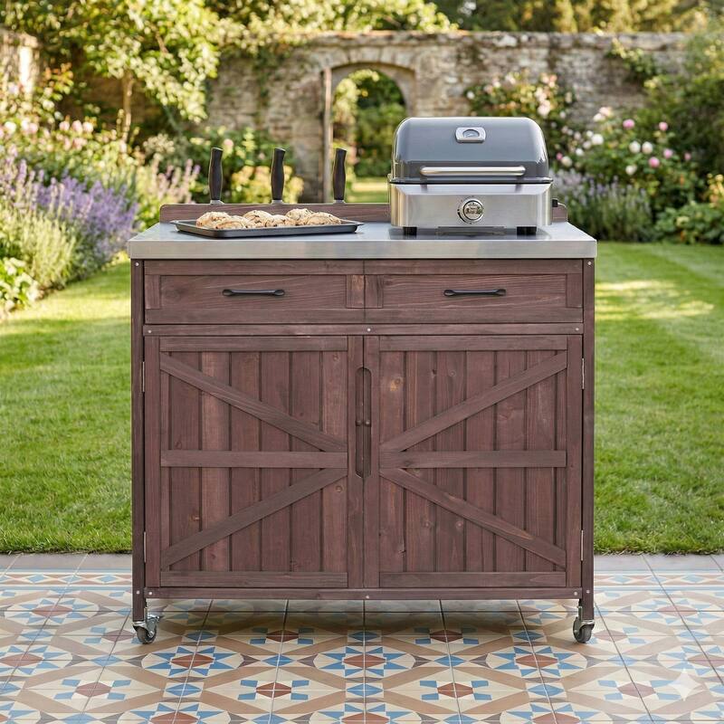 39.4" Outdoor Kitchen Island with Stainless Table Top, One Large Drawer, Adjustable Shelves, Internal Storage Racks & 4 Wheels