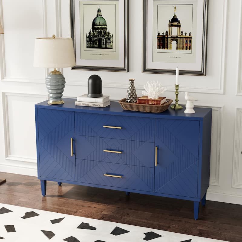 2-Doors Carved Effect Sideboard with 3 Drawers and Adjustable Shelf