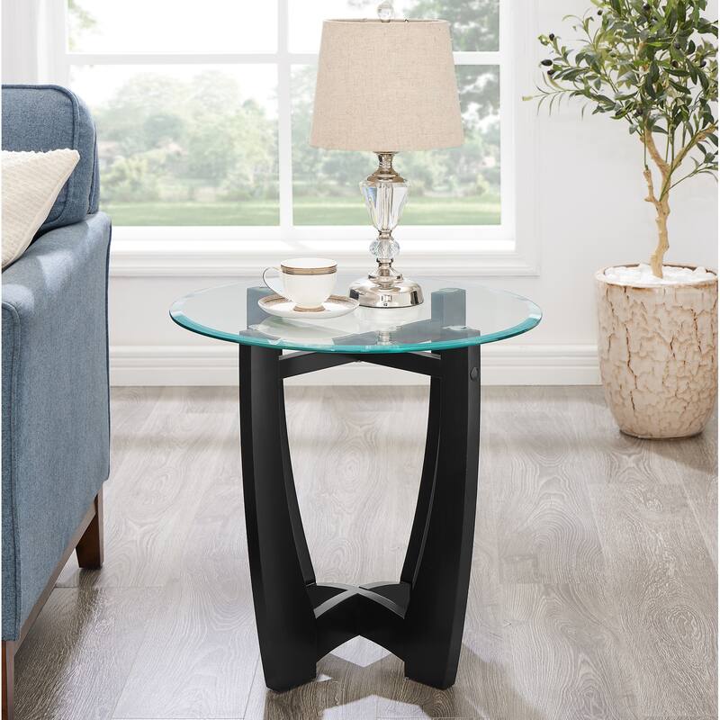 23.5 Inch Round Glass Coffee Table, Cherry Round Coffee Table Center Table With Glass Top, Small Coffee Table