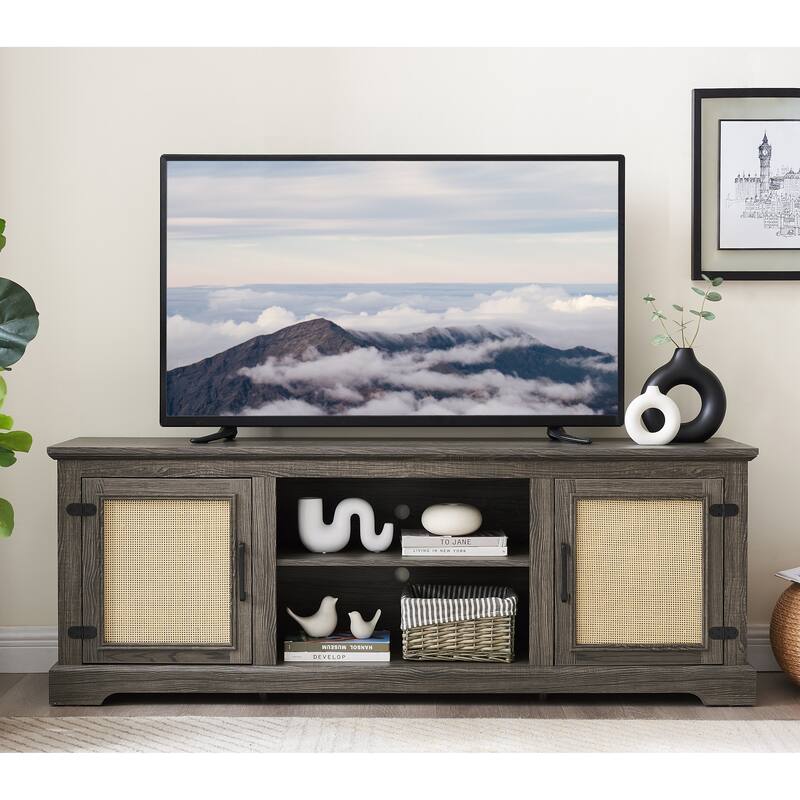 Rattan TV Stand for 70" TVs, 65" Farmhouse Media Console Table with 2 Shelves and Cable Management - Grey