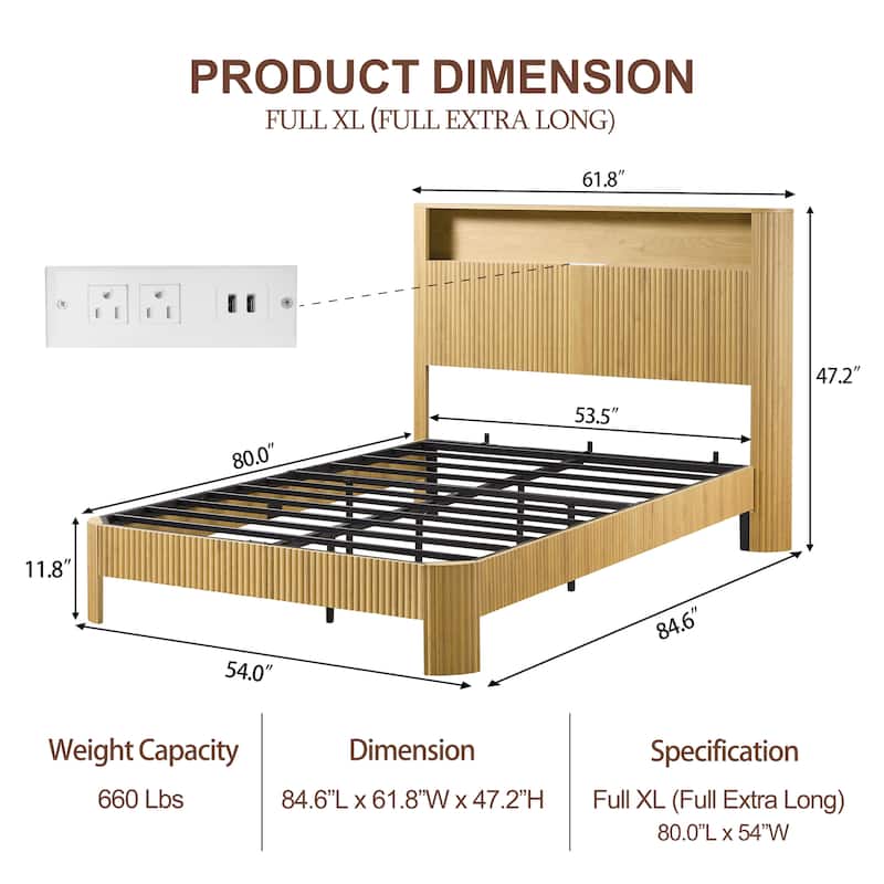 Full XL Bed Frame with Storage Headboard, Charging Station, Wavy Design, Silent Operation, Metal Support, Natural