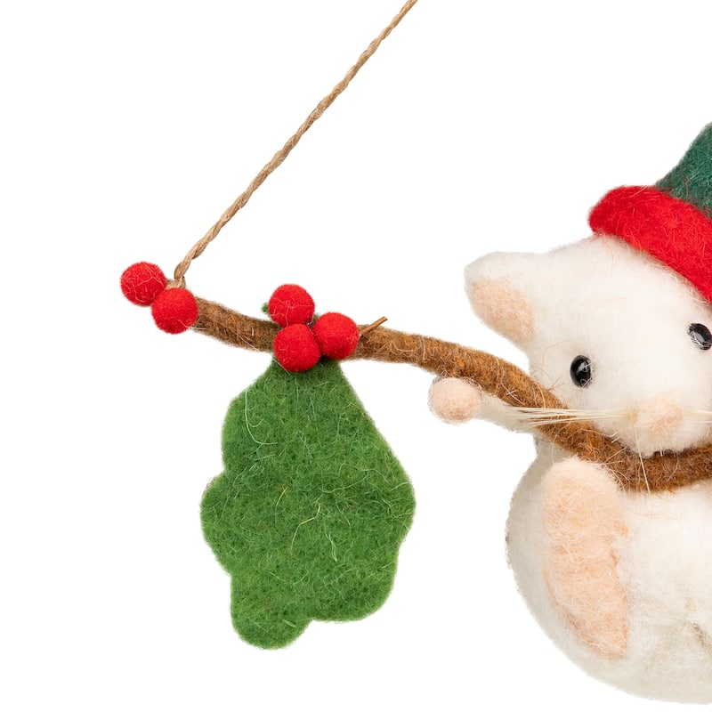 Holly and Berry Mouse Christmas Hanging Decoration - 9" - Green and Ivory