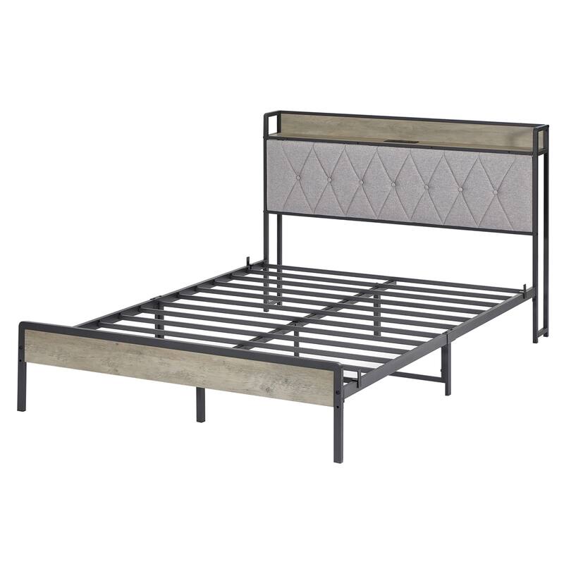 Metal Bed Frame with Charging Station and Slats