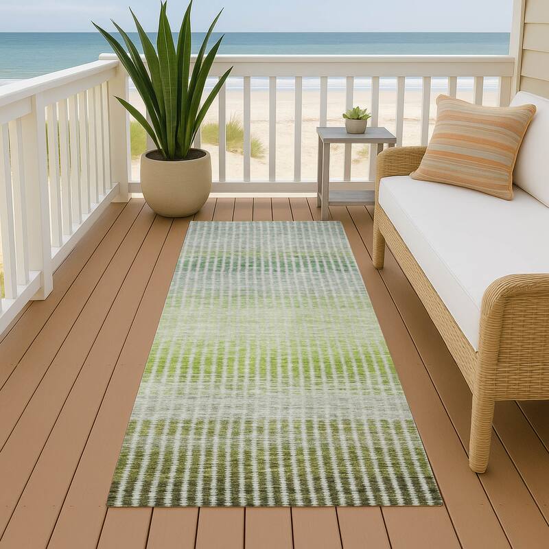 Machine Washable Indoor/ Outdoor Contemporary Stripes Chantille Rug - Olive - 2'3" x 7'6"