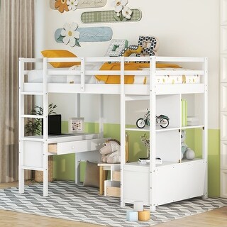 Simplicity Loft Bed with All-in-one Storage Shelf Frame and Drawers Underneath, Loft Wood Bed with Desk Built-in Drawers