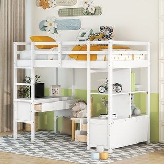 Twin Loft Bed with Desk, Drawers & Shelves, Space-Saving, White Finish
