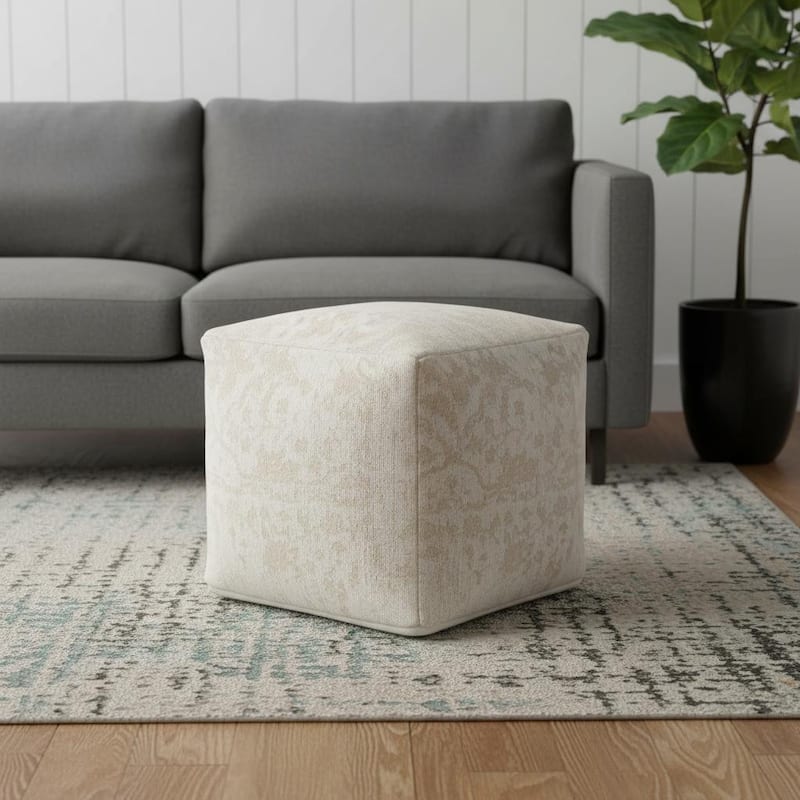 HomeRoots 18" Cream and Beige Fabric Damask Pouf Ottoman - Cream/Beige - 18.00 in. x 18.00 in.  x 18.00 in.