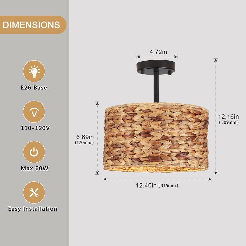 1-Light Rustic Semi-Flush Mount Light Hanging Ceiling Light for Dining Room