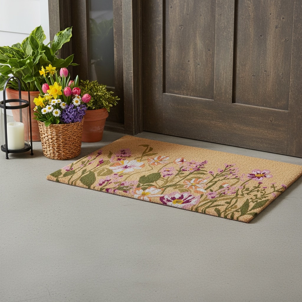 HomeRoots 18" X 30" Brown Green And Purple Floral Outdoor Coir Door Mat - 18.00' X '30.00