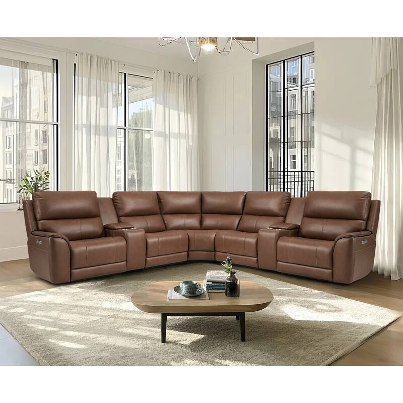 136''W 5 Seats Genuine Leather Power Reclining Double Width Brown Sectional Sofa with Zero Gravity and USB&Type-C Ports - Light Brown