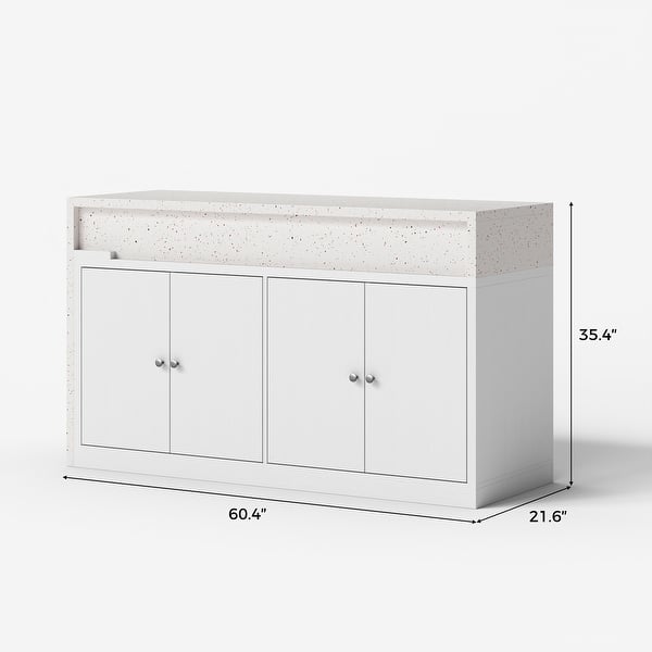 Modern Kitchen Island with Pull-Out Faux Marble Top, White Storage ...