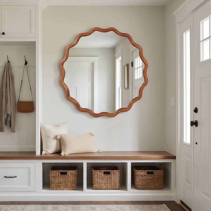 24 inch Wavy Round Solid Wood Frame Decorative Mirror,For Bedroom, Bathroom, Living Room, Entryway