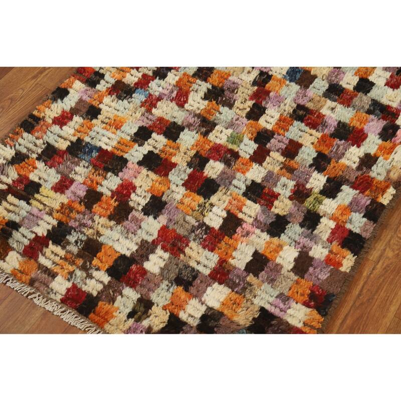 Checkered Tribal Moroccan Oriental Runner Rug Hand-Knotted Wool Carpet - 2'9" x 9'6"