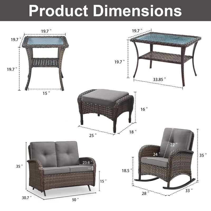 Patio Rocking Sofa with Chair with Ottomans Coffee Table - Brown