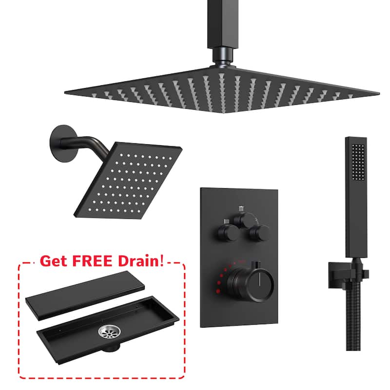 Thermostatic Shower Faucet, 12" High-Pressure Dual Showerheads System with Rough-In Valve - Matte Black