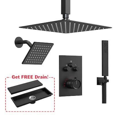 Thermostatic Shower Faucet, 12" High-Pressure Dual Showerheads System with Rough-In Valve
