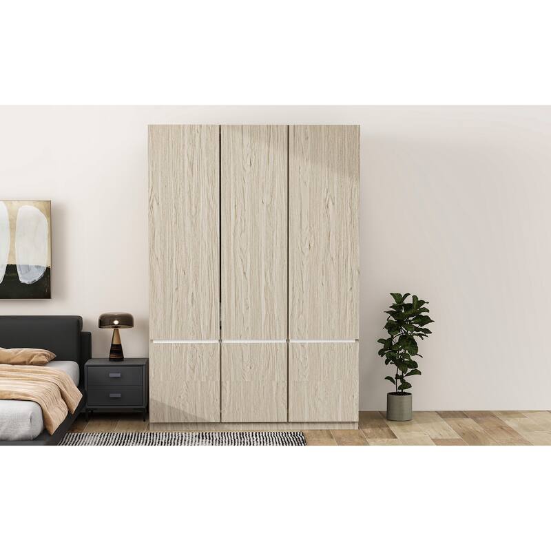 6-Doors Wooden Wardrobe Storage Armoire with Built-in Hanging Rail Clothes Storage Cabinet for Bedroom