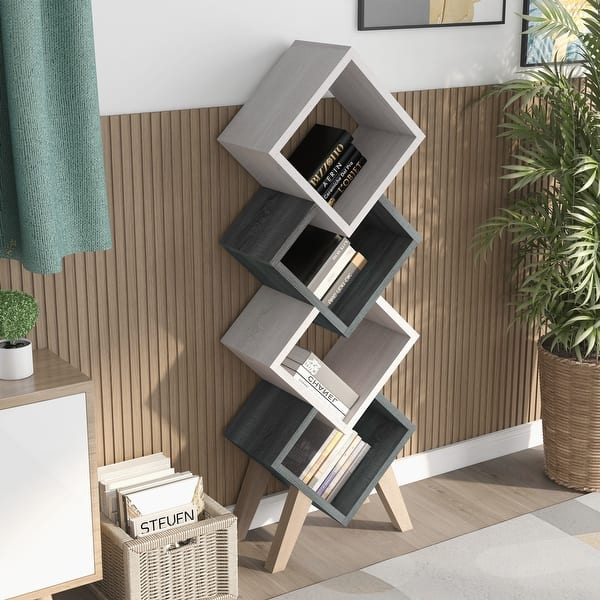 slide 1 of 23, Furniture of America Diamonte Mid-century Modern 4-shelf Bookcase WhiteOak/DistressedGrey