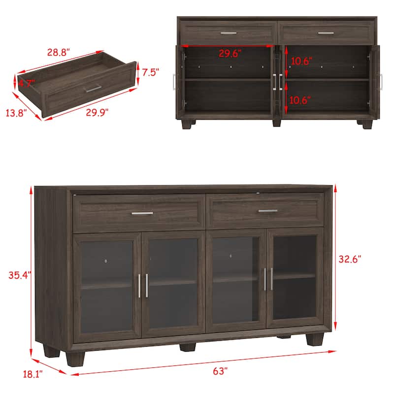 Glass Storage Cabinet with Doors,TV Stand for Living Room,Pantry,Brown/White