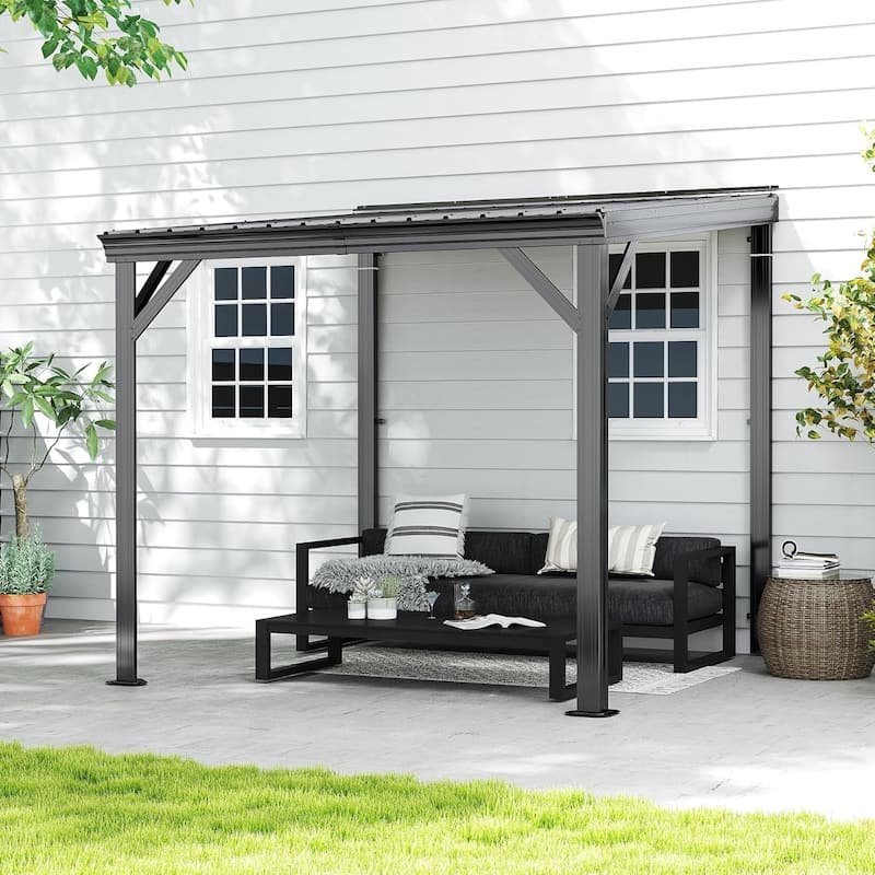 8'x 8' Lean to Gazebo with Upgraded Drainage System, Wall Mounted Gazebo Hardtop Galvanized Steel Sloping Roof