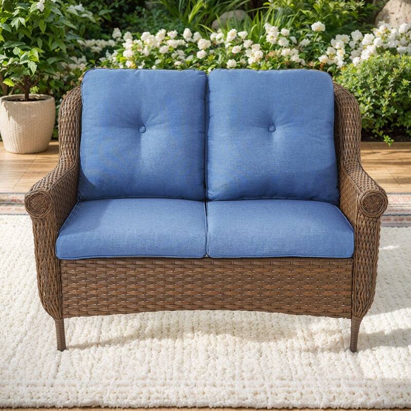 Pocassy Wicker Patio Conversation Set for Backyard - Blue Cushion - 1PC Loveseat Sofa with Cushion