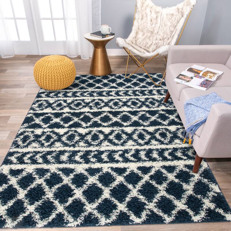 World Rug Gallery Trellis Geometric Plush Shag Area Rug - 7'10"x10' - Navy
