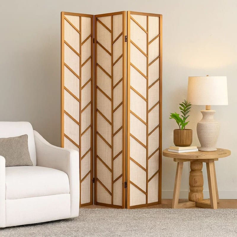 3 Panel Screen with Jute Linen Fabric and Wooden Frame, Brown and Beige