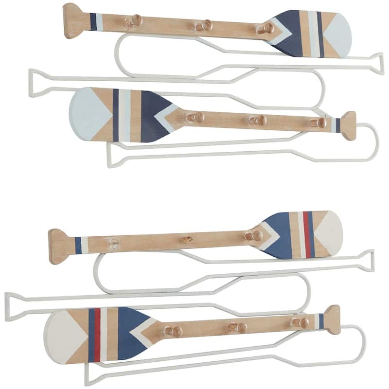 Light Brown Wood 12 Hangers Paddle Wall Hook with Stripe Patterns (Set of 2)