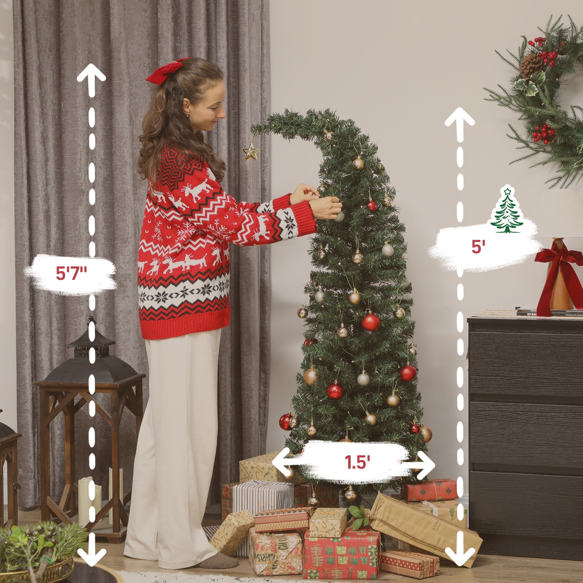 HOMCOM 5ft Prelit Whimsical Xmas Tree: 100 LED, 8 Modes, 246 Tips, Metal Stand, Green
