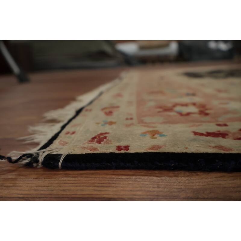Hand Knotted Oriental Wool & Silk Carpet Traditional Floral Black Tabriz Area Rug - 6' 7'' X 4' 10''