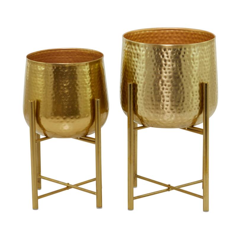 Metal Hammered Planter with X-Shaped Stands - Set of 2 Silver, Black or Gold - CosmoLiving by Cosmopolitan