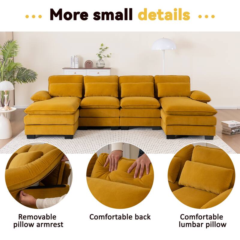 U Shape 111.8"Modern Comfort Combination Sectional Sofa,4-seat Velvet Fabric Upholstered Sofas with Chaise Lounge & Pillows